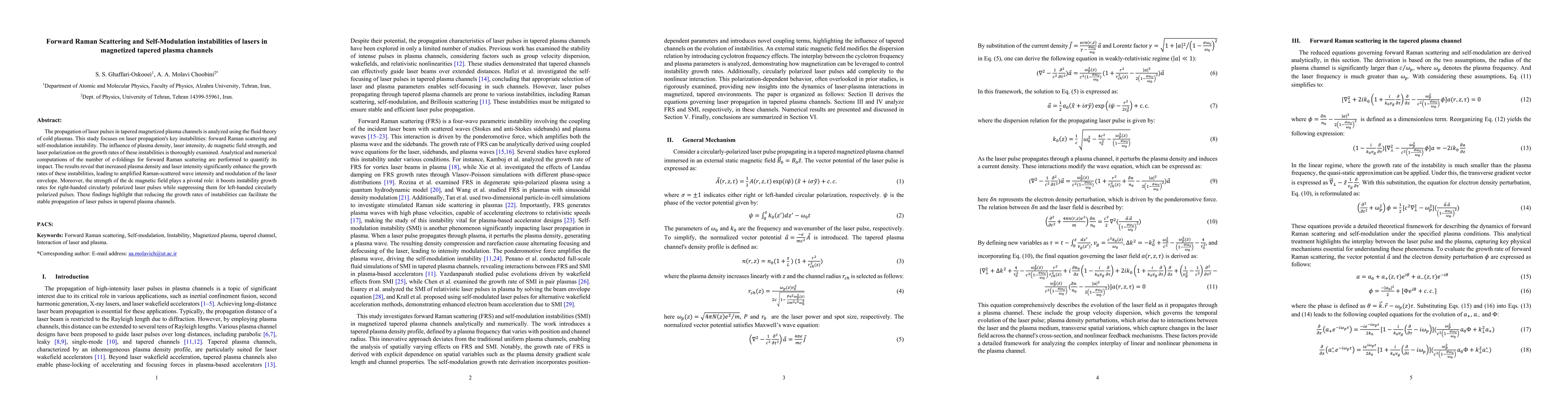 Thumbnail for Forward Raman Scattering and Self-Modulation instabilities of lasers in
  magnetized tapered plasma channels