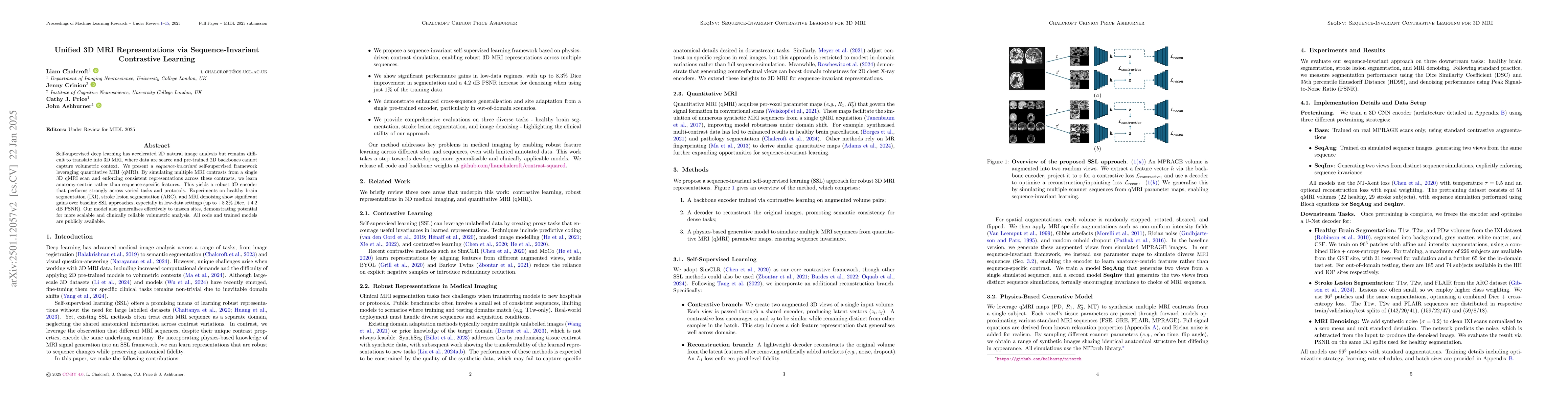 Thumbnail for Unified 3D MRI Representations via Sequence-Invariant Contrastive
  Learning