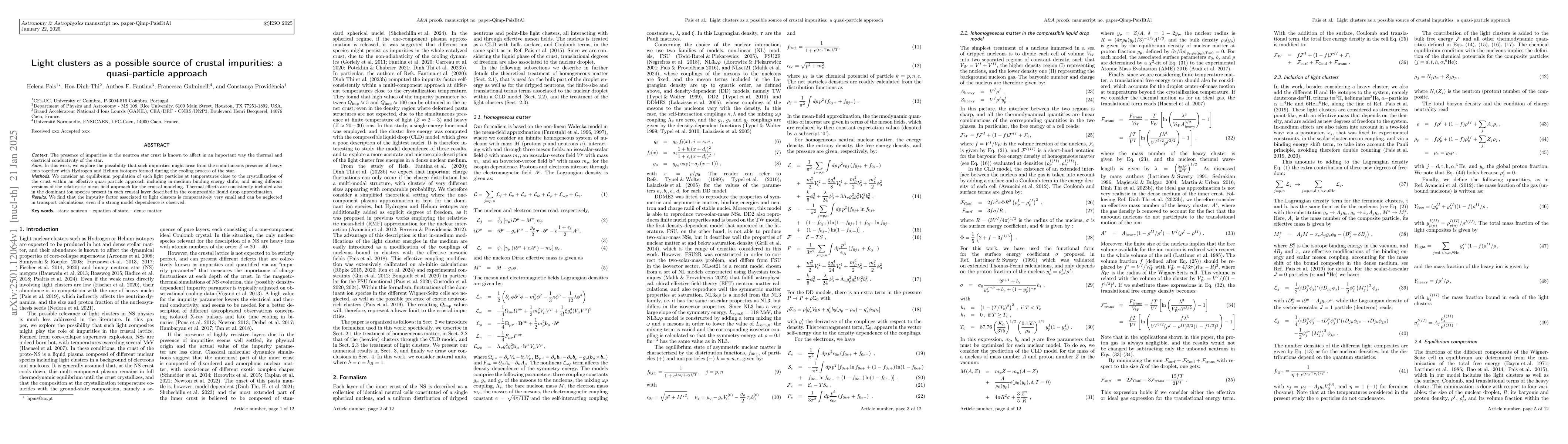 Thumbnail for Light clusters as a possible source of crustal impurities: a
  quasi-particle approach