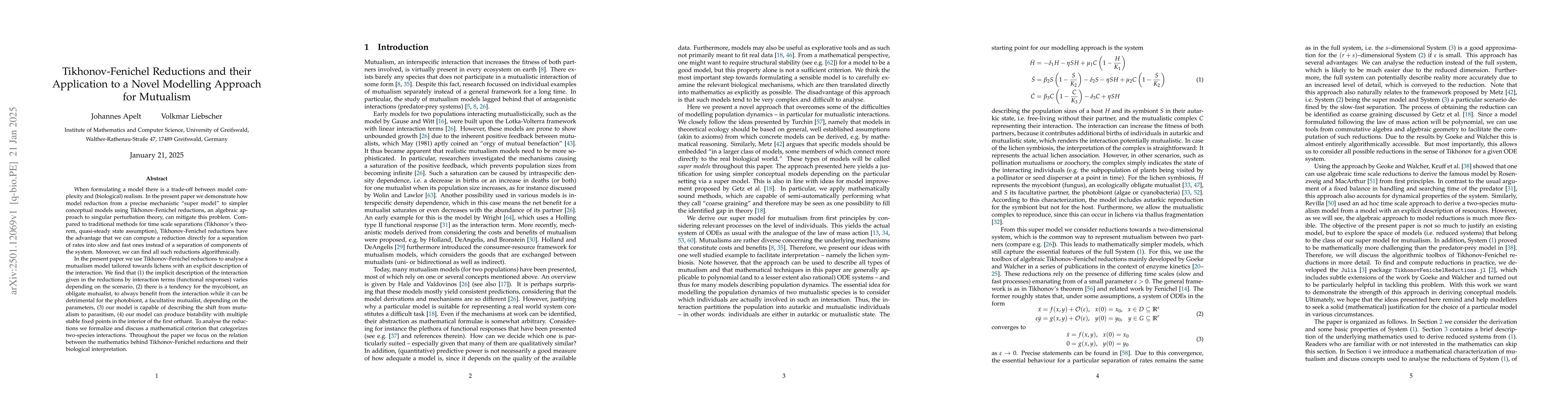 Thumbnail for Tikhonov-Fenichel Reductions and their Application to a Novel Modelling
  Approach for Mutualism