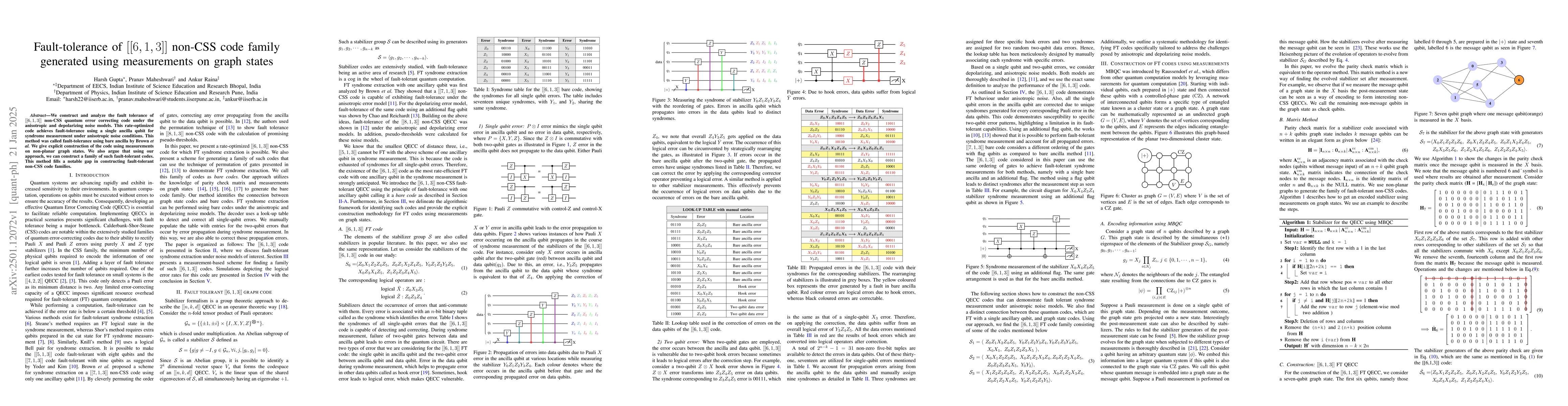 Thumbnail for Fault-tolerance of [[6, 1, 3]] non-CSS code family generated using
  measurements on graph states
