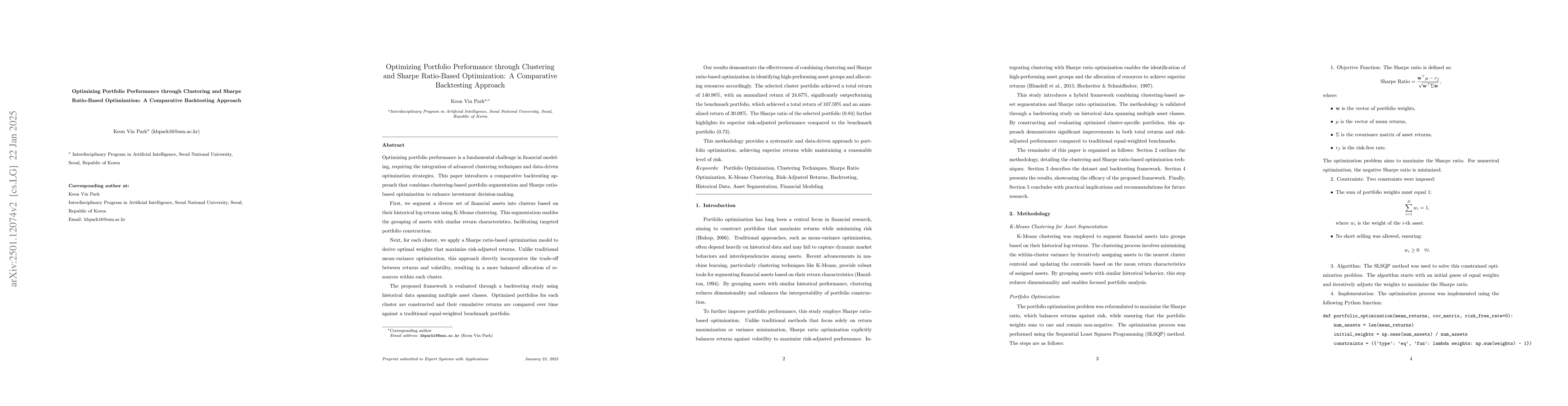 Thumbnail for Optimizing Portfolio Performance through Clustering and Sharpe
  Ratio-Based Optimization: A Comparative Backtesting Approach