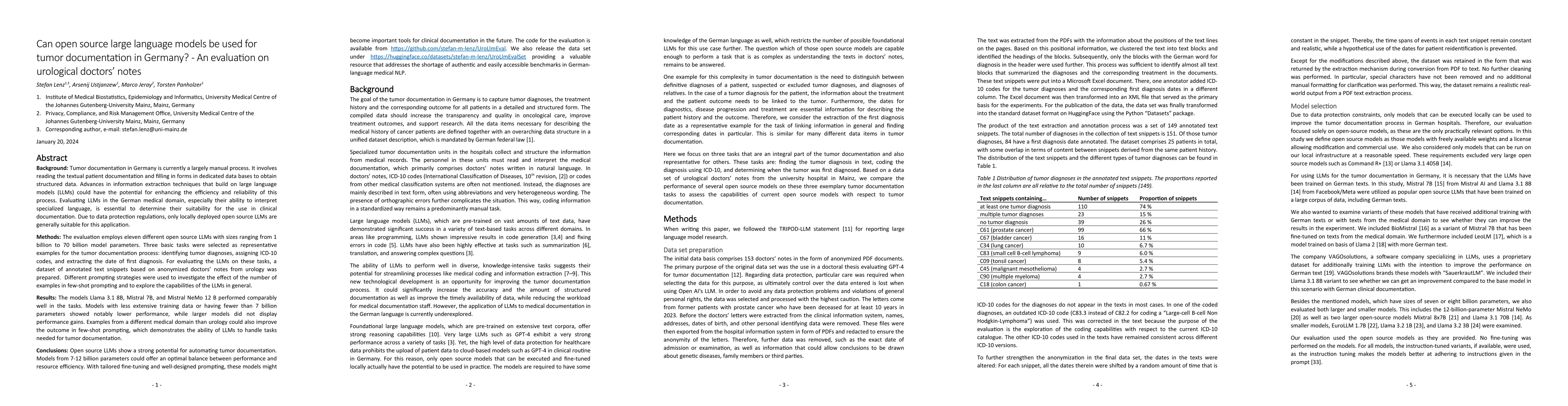 Thumbnail for Can open source large language models be used for tumor documentation in
  Germany? -- An evaluation on urological doctors' notes