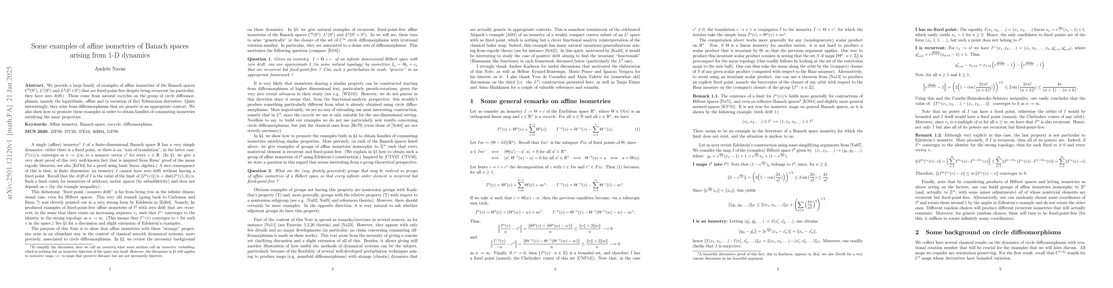 Thumbnail for Some examples of affine isometries of Banach spaces arising from 1-D
  dynamics