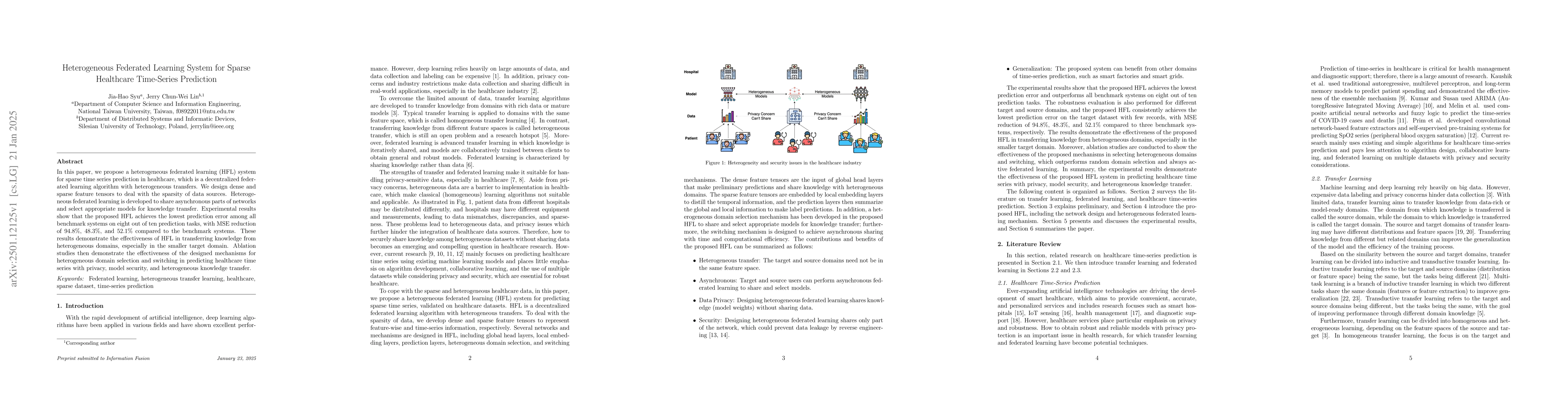 Thumbnail for Heterogeneous Federated Learning System for Sparse Healthcare
  Time-Series Prediction