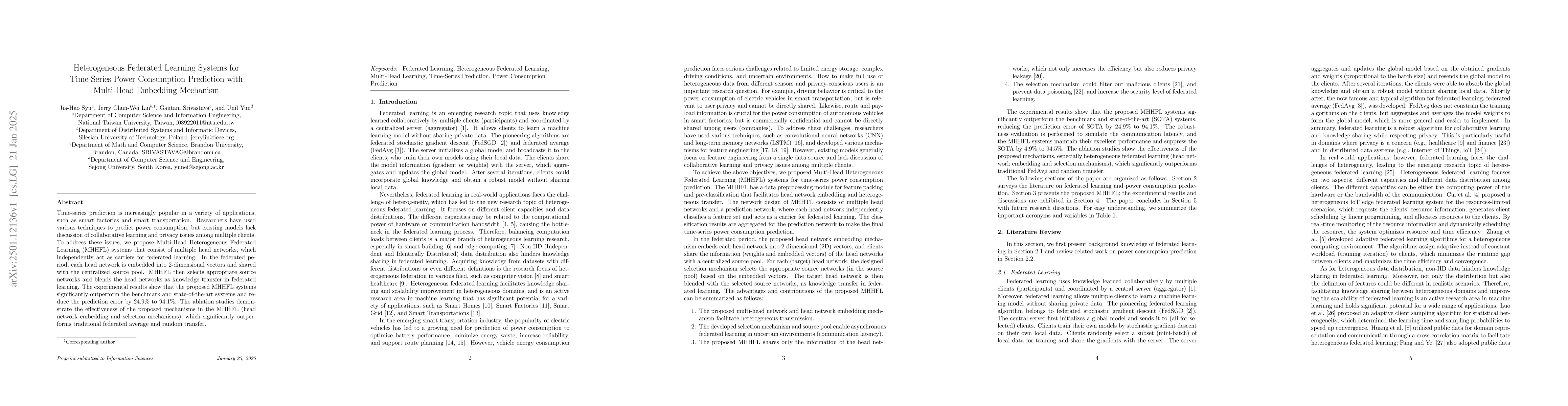 Thumbnail for Heterogeneous Federated Learning Systems for Time-Series Power
  Consumption Prediction with Multi-Head Embedding Mechanism