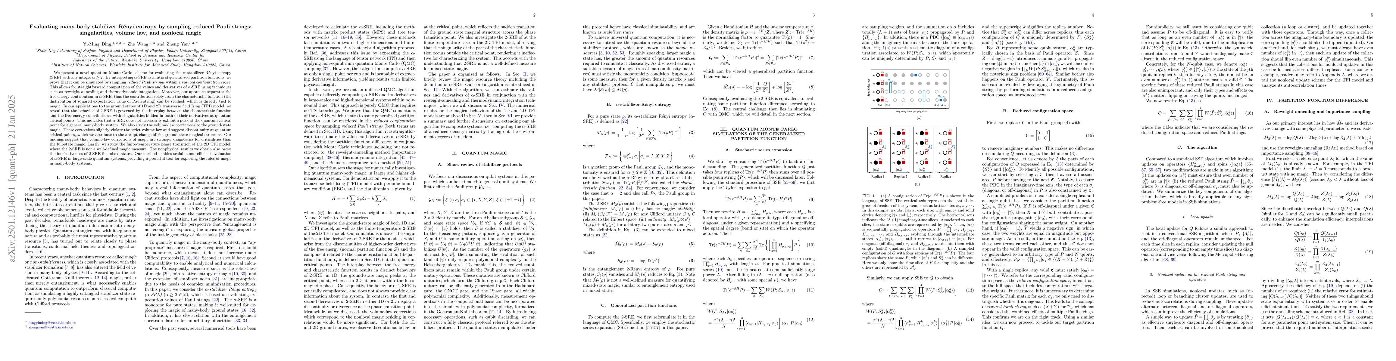 Thumbnail for Evaluating many-body stabilizer Rényi entropy by sampling reduced
  Pauli strings: singularities, volume law, and nonlocal magic
