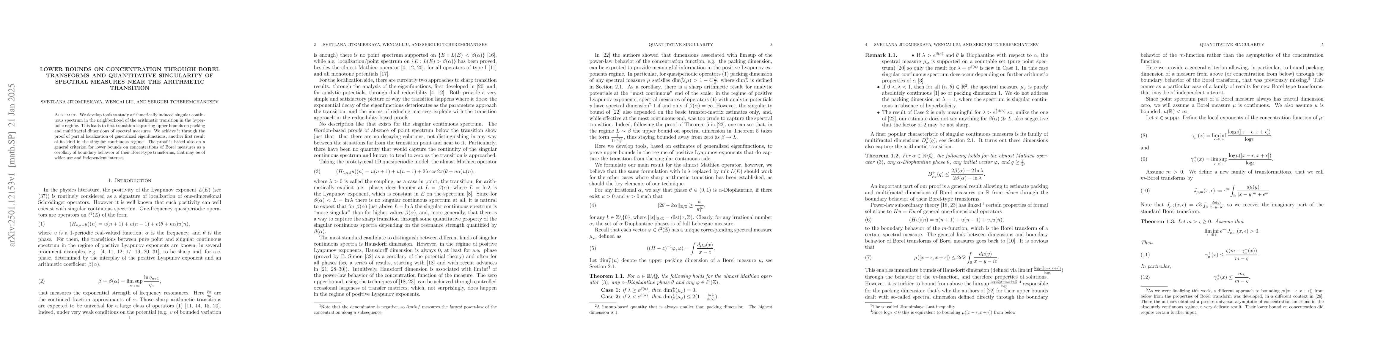 Thumbnail for Lower bounds on concentration through Borel transforms and quantitative
  singularity of spectral measures near the arithmetic transition
