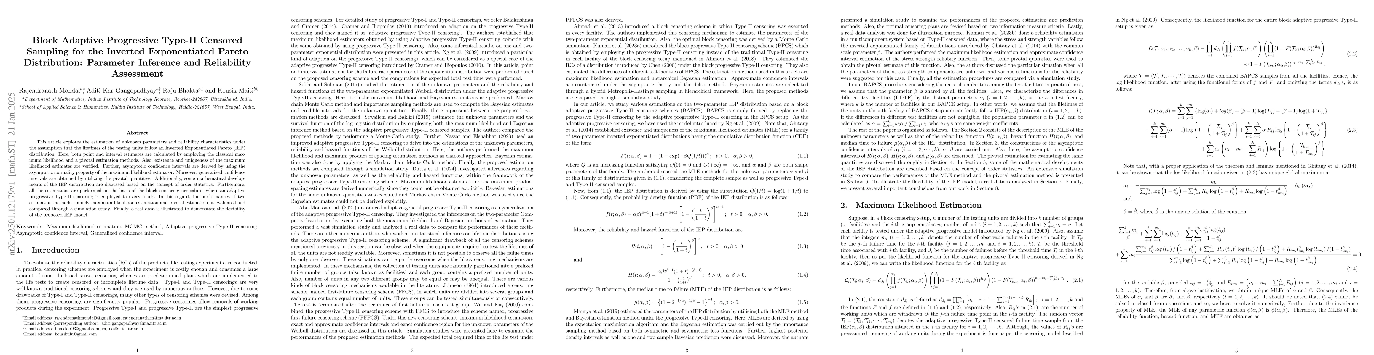 Thumbnail for Block Adaptive Progressive Type-II Censored Sampling for the Inverted
  Exponentiated Pareto Distribution: Parameter Inference and Reliability
  Assessment