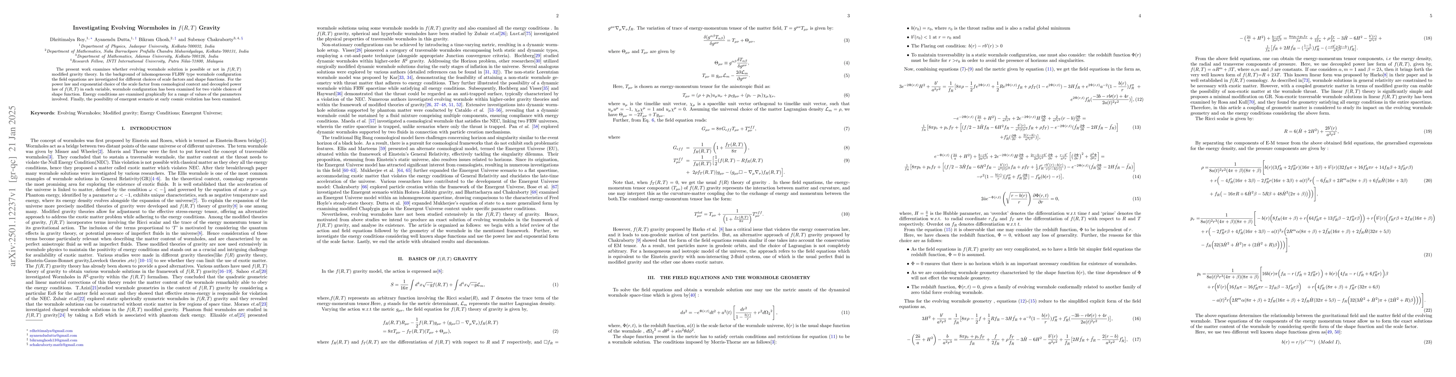 Thumbnail for Investigating Evolving Wormholes in $f(R,T)$ Gravity