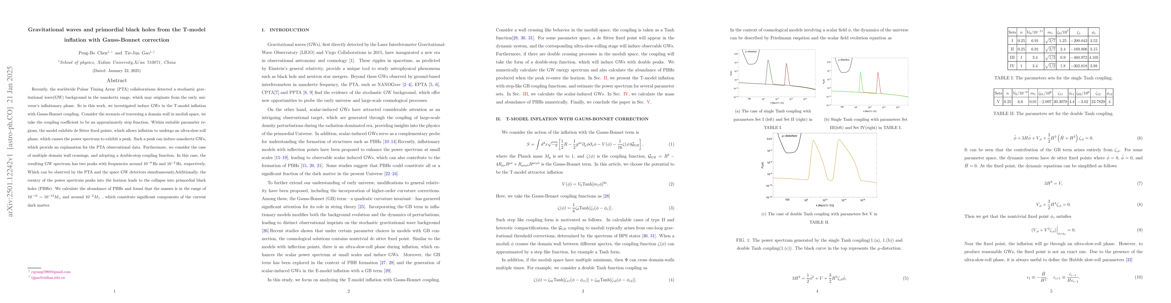 Thumbnail for Gravitational waves and primordial black holes from the T-model
  inflation with Gauss-Bonnet correction