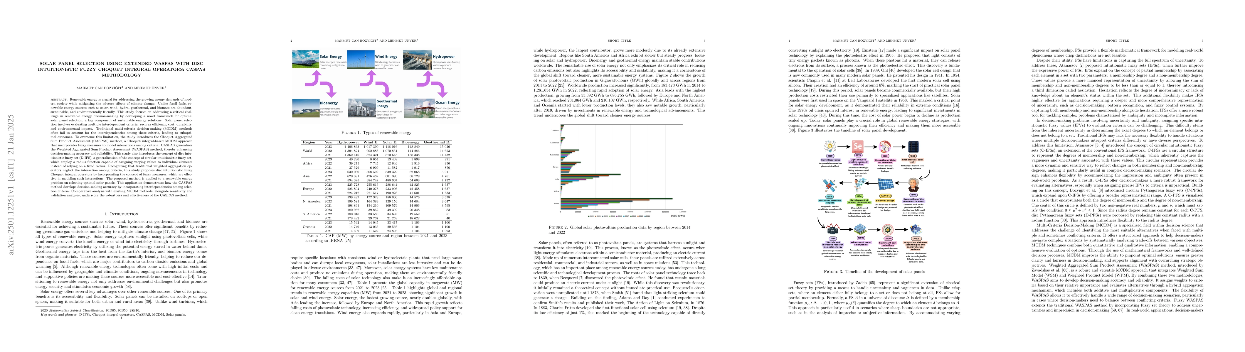 Thumbnail for Solar Panel Selection using Extended WASPAS with Disc Intuitionistic
  Fuzzy Choquet Integral Operators: CASPAS Methodology