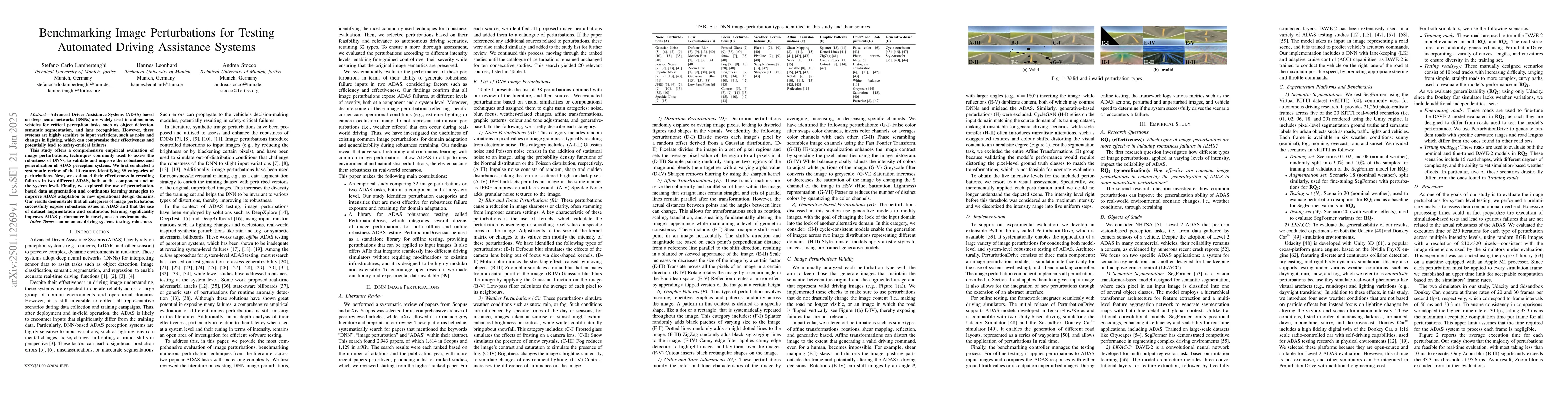 Thumbnail for Benchmarking Image Perturbations for Testing Automated Driving
  Assistance Systems