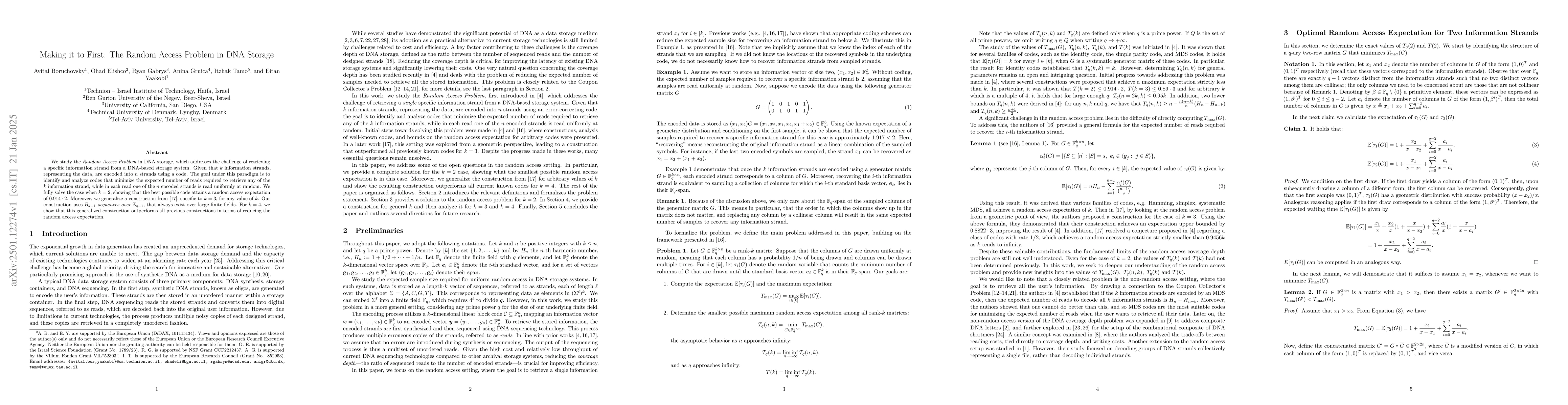 Thumbnail for Making it to First: The Random Access Problem in DNA Storage