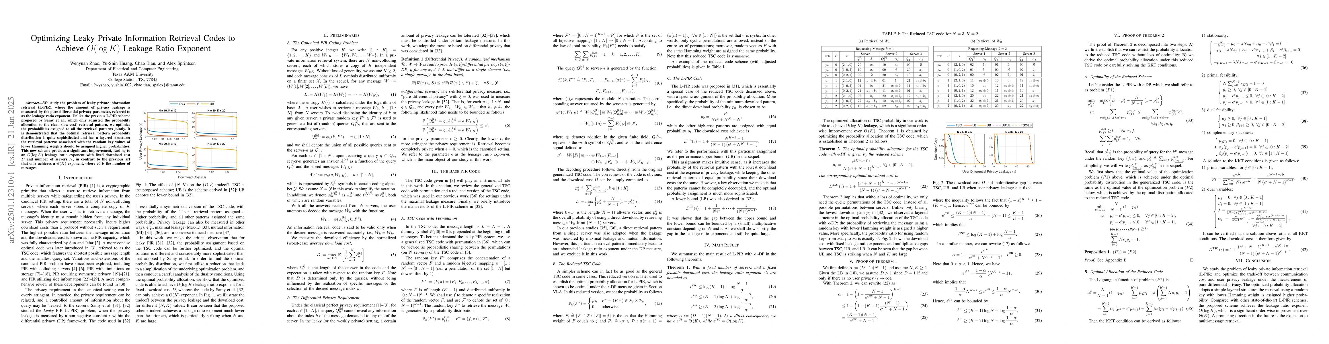 Thumbnail for Optimizing Leaky Private Information Retrieval Codes to Achieve
  ${O}(\log K)$ Leakage Ratio Exponent