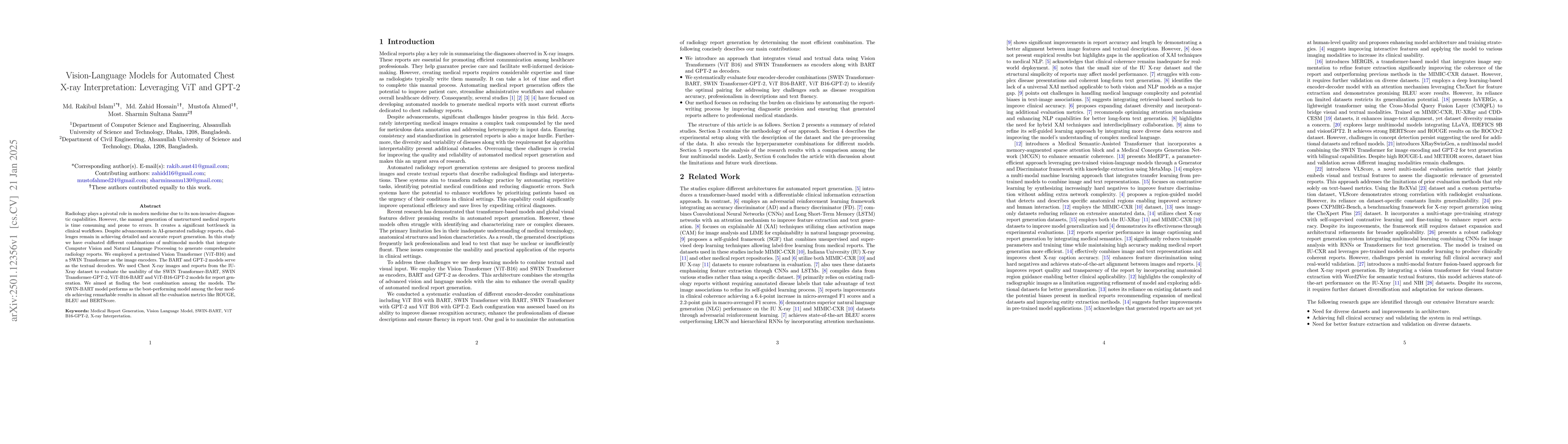 Thumbnail for Vision-Language Models for Automated Chest X-ray Interpretation:
  Leveraging ViT and GPT-2