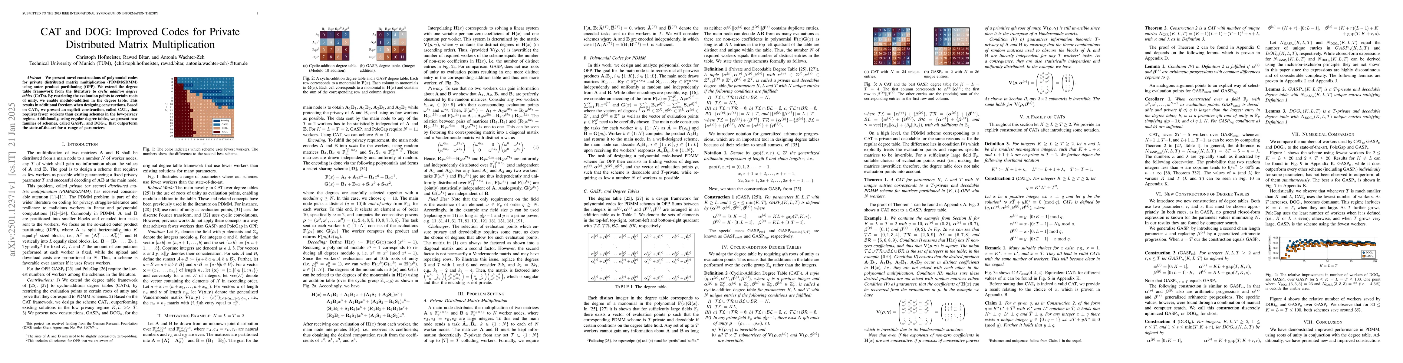 Thumbnail for CAT and DOG: Improved Codes for Private Distributed Matrix
  Multiplication