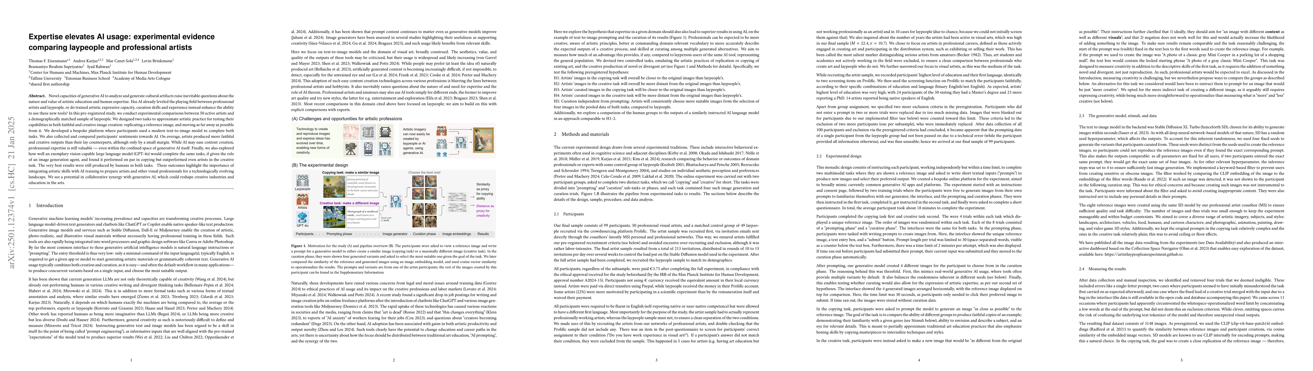 Thumbnail for Expertise elevates AI usage: experimental evidence comparing laypeople
  and professional artists