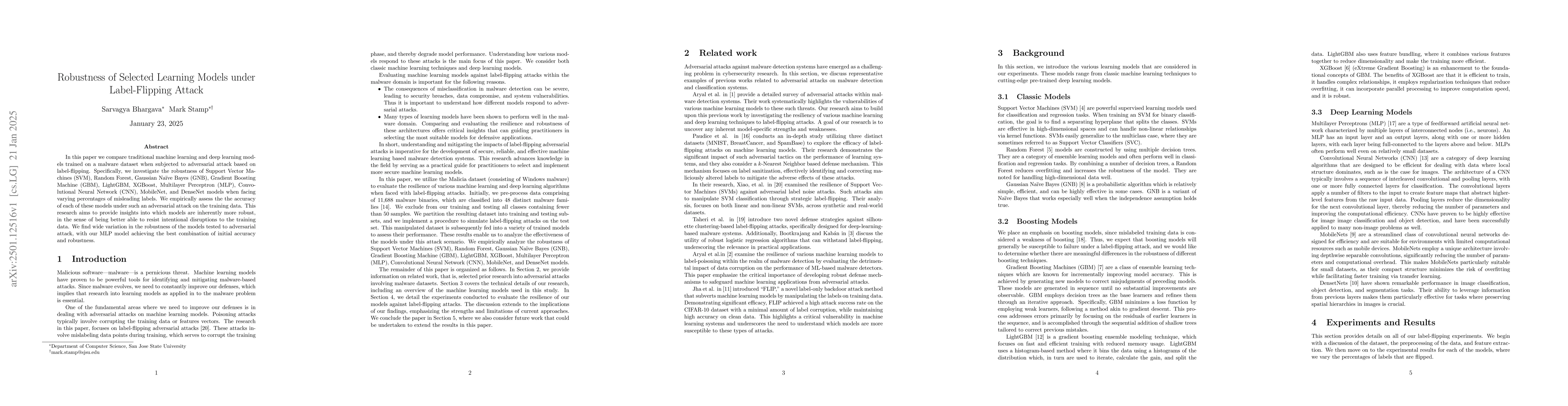 Thumbnail for Robustness of Selected Learning Models under Label-Flipping Attack