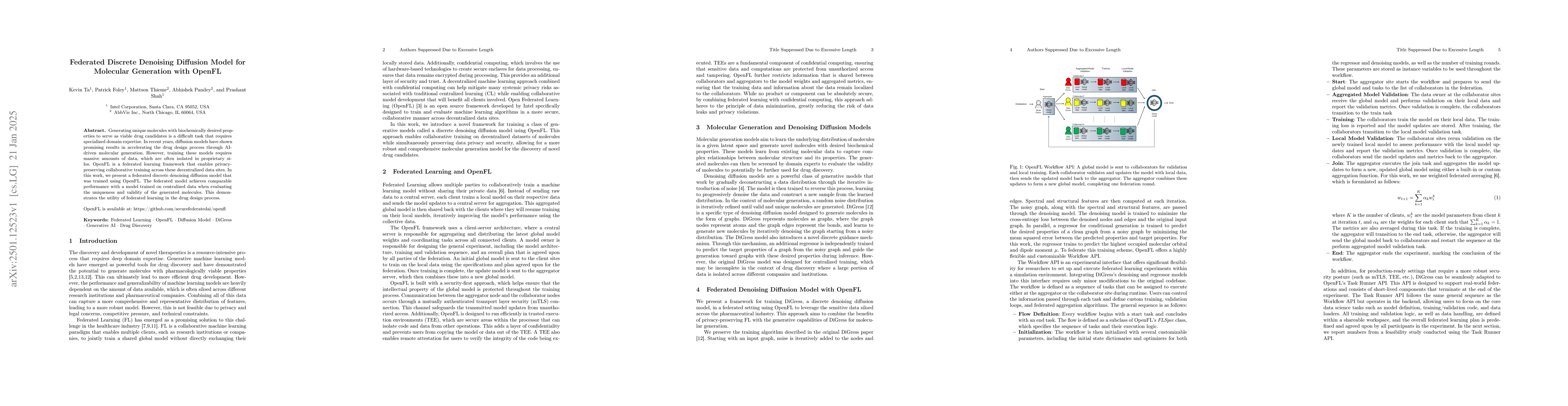Thumbnail for Federated Discrete Denoising Diffusion Model for Molecular Generation
  with OpenFL