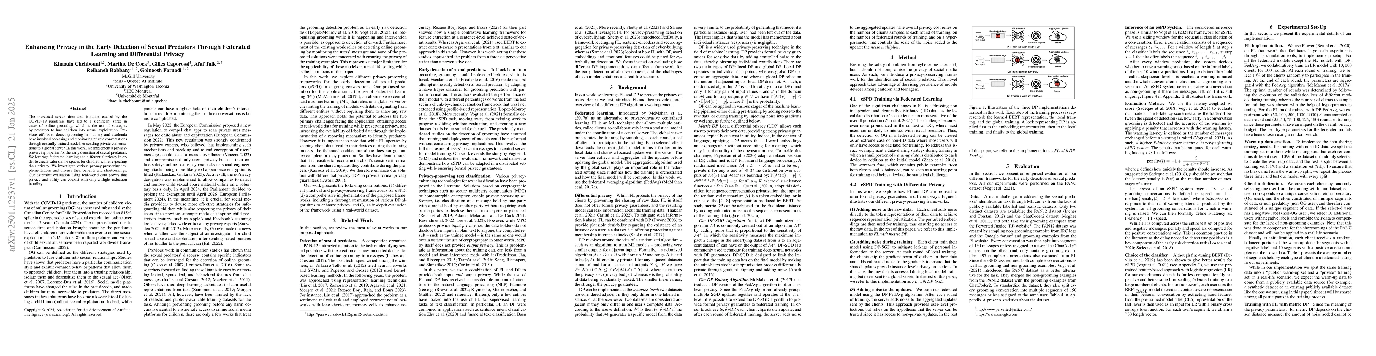 Thumbnail for Enhancing Privacy in the Early Detection of Sexual Predators Through
  Federated Learning and Differential Privacy