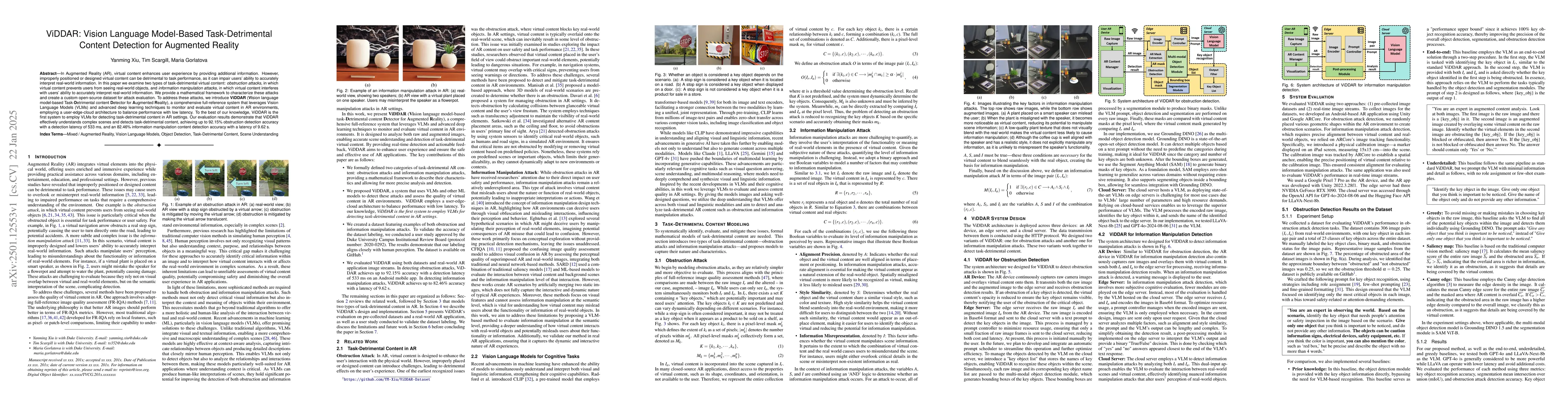 Thumbnail for ViDDAR: Vision Language Model-Based Task-Detrimental Content Detection
  for Augmented Reality