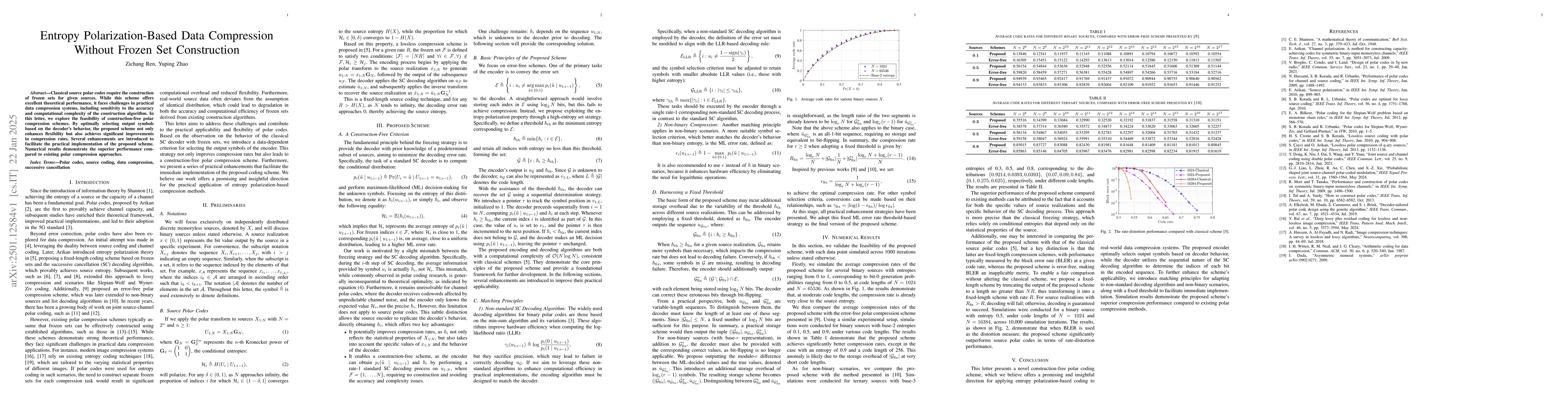 Thumbnail for Entropy Polarization-Based Data Compression Without Frozen Set
  Construction