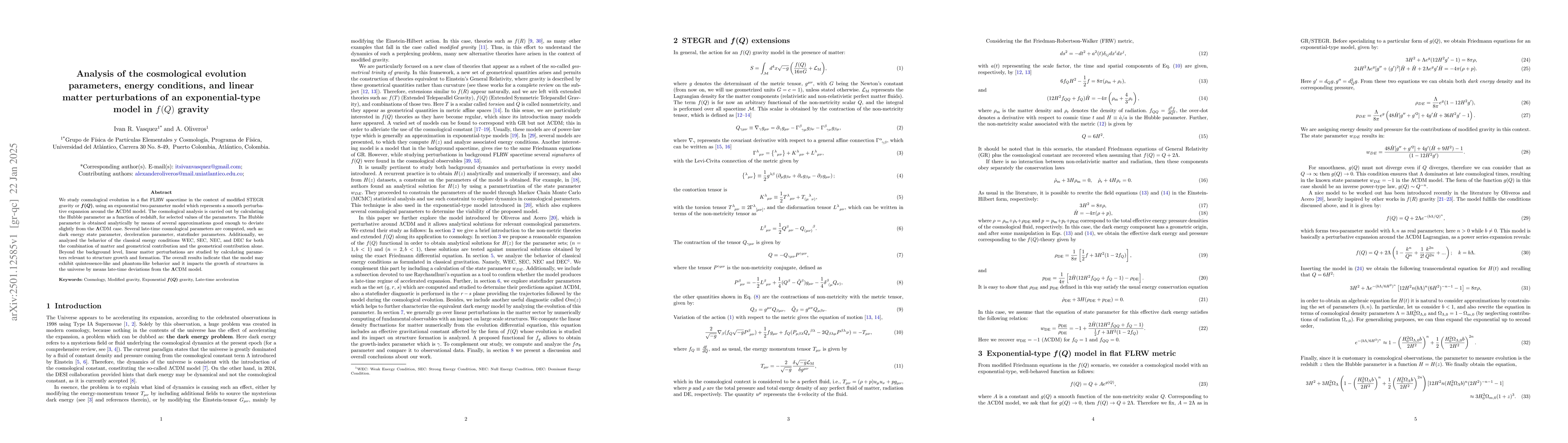 Thumbnail for Analysis of the cosmological evolution parameters, energy conditions,
  and linear matter perturbations of an exponential-type model in $f(Q)$
  gravity