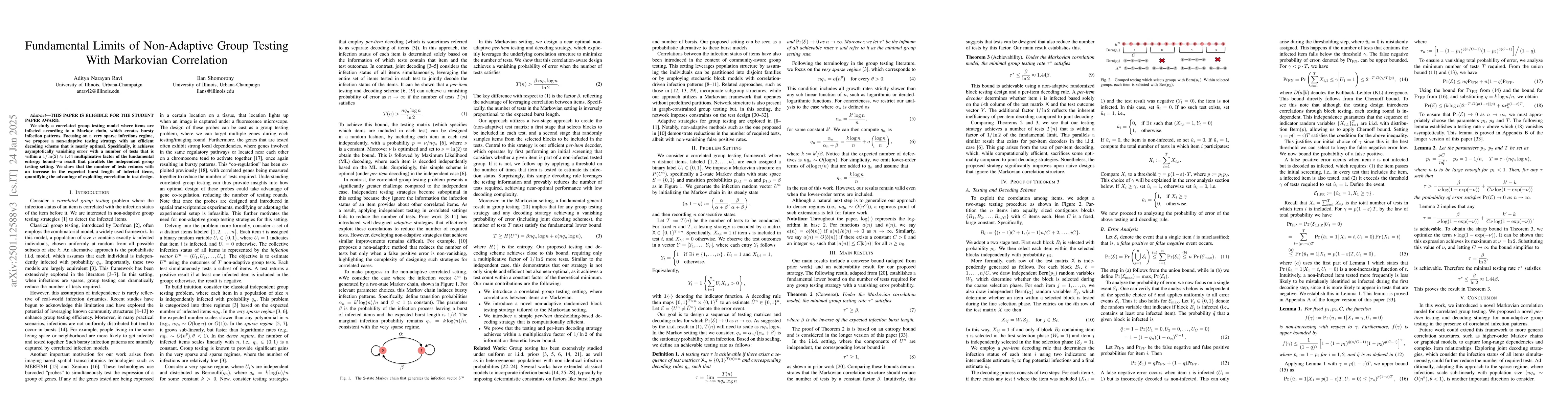 Thumbnail for Fundamental Limits of Non-Adaptive Group Testing with Markovian
  Correlation