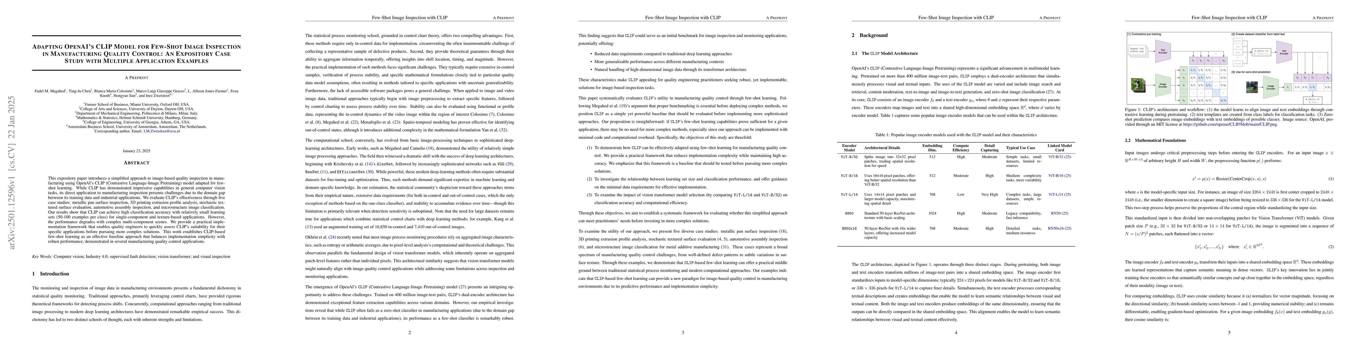 Thumbnail for Adapting OpenAI's CLIP Model for Few-Shot Image Inspection in
  Manufacturing Quality Control: An Expository Case Study with Multiple
  Application Examples