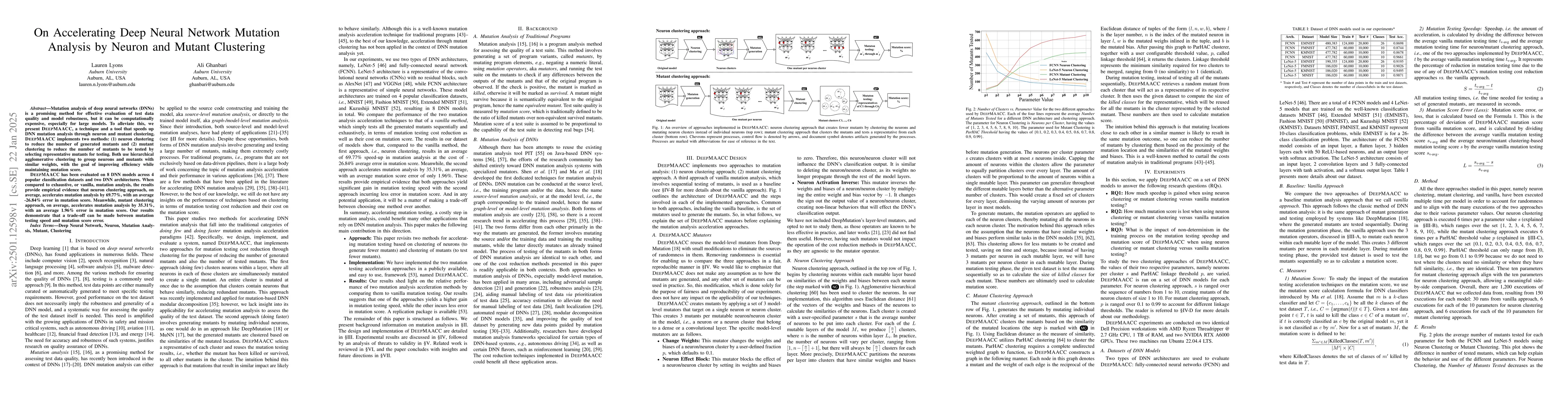 Thumbnail for On Accelerating Deep Neural Network Mutation Analysis by Neuron and
  Mutant Clustering