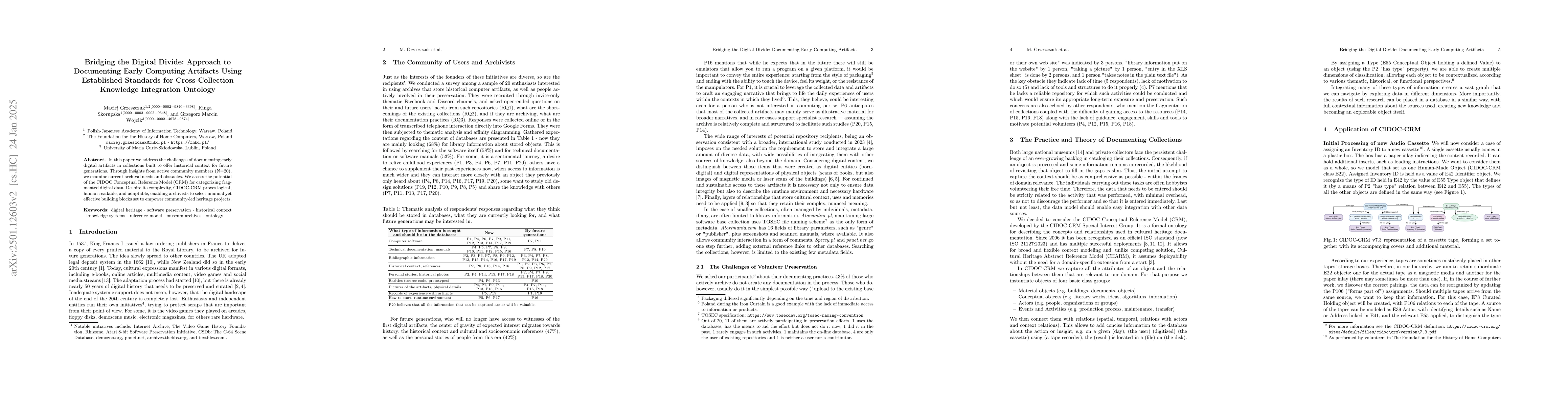 Thumbnail for Bridging the Digital Divide: Approach to Documenting Early Computing
  Artifacts Using Established Standards for Cross-Collection Knowledge
  Integration Ontology