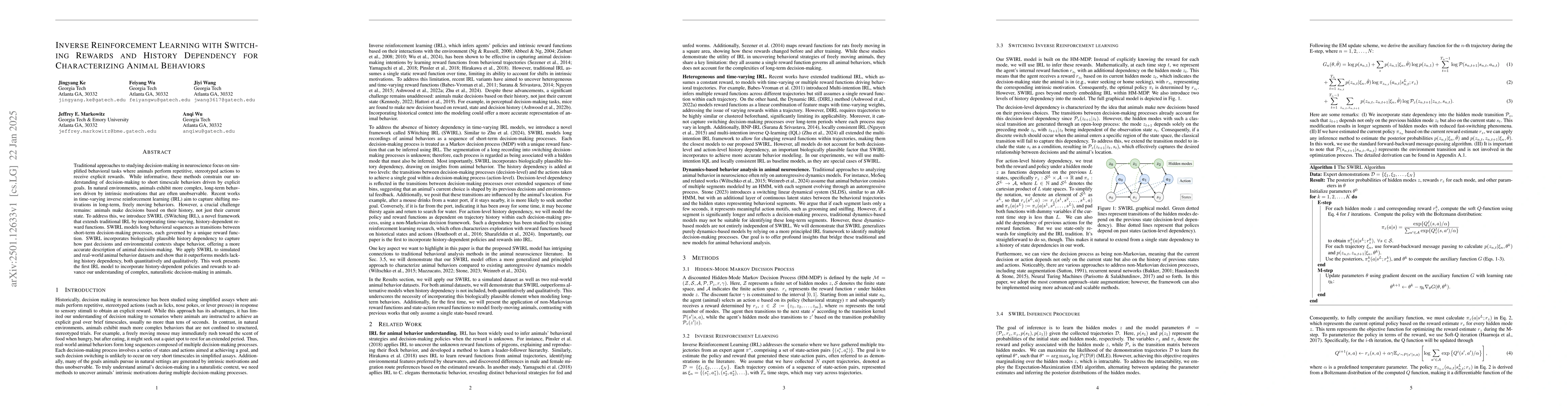 Thumbnail for Inverse Reinforcement Learning with Switching Rewards and History
  Dependency for Characterizing Animal Behaviors