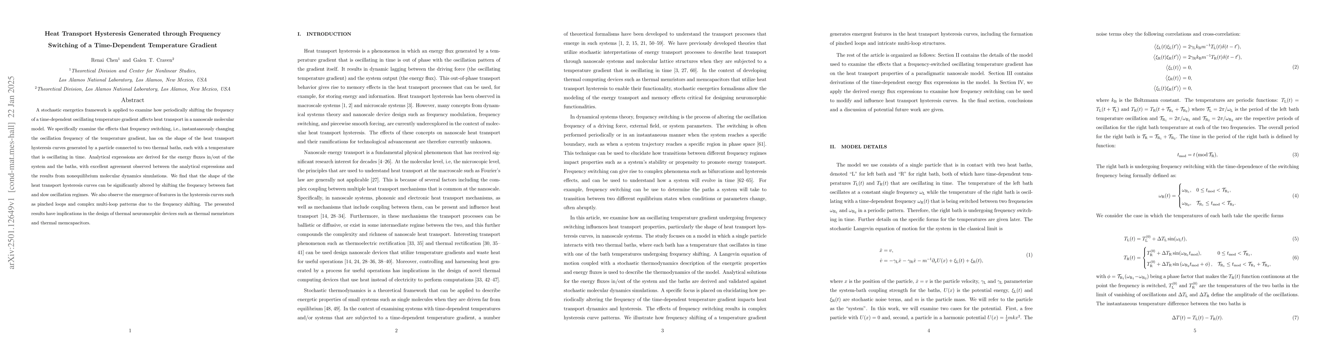Thumbnail for Heat Transport Hysteresis Generated through Frequency Switching of a
  Time-Dependent Temperature Gradient