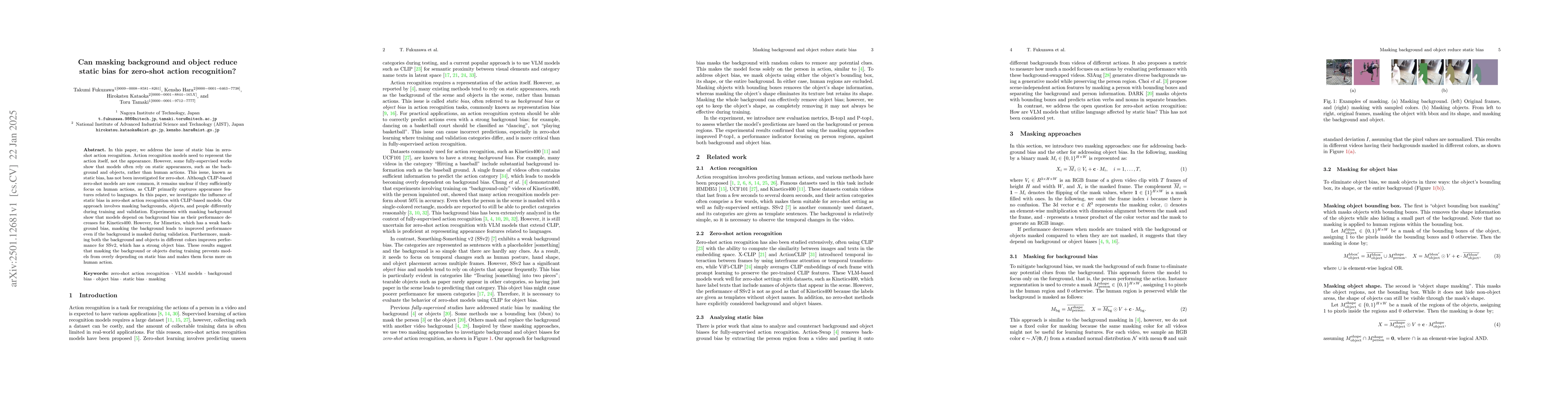 Thumbnail for Can masking background and object reduce static bias for zero-shot
  action recognition?