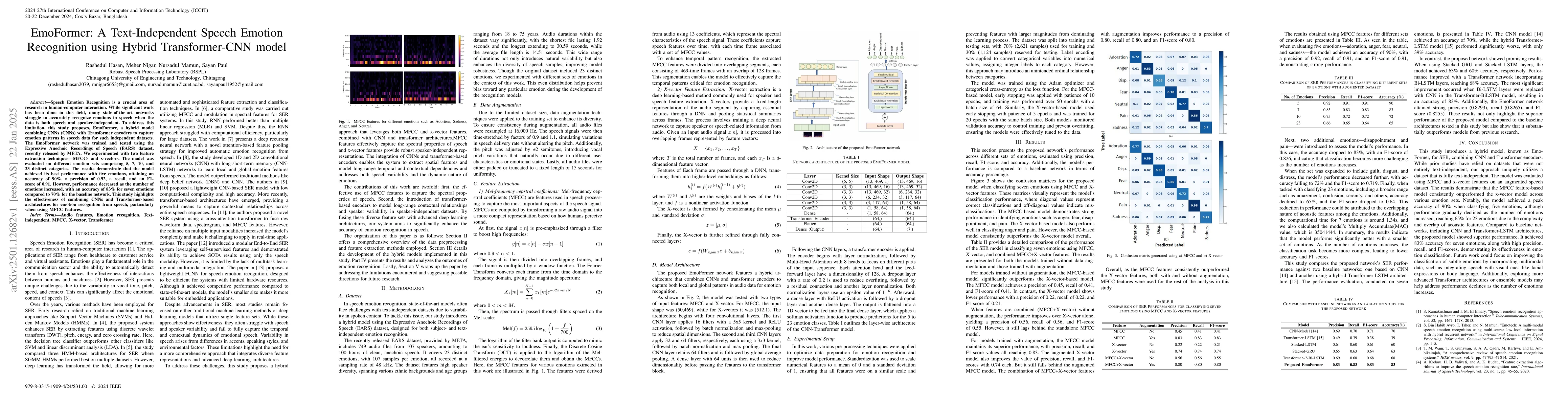Thumbnail for EmoFormer: A Text-Independent Speech Emotion Recognition using a Hybrid
  Transformer-CNN model