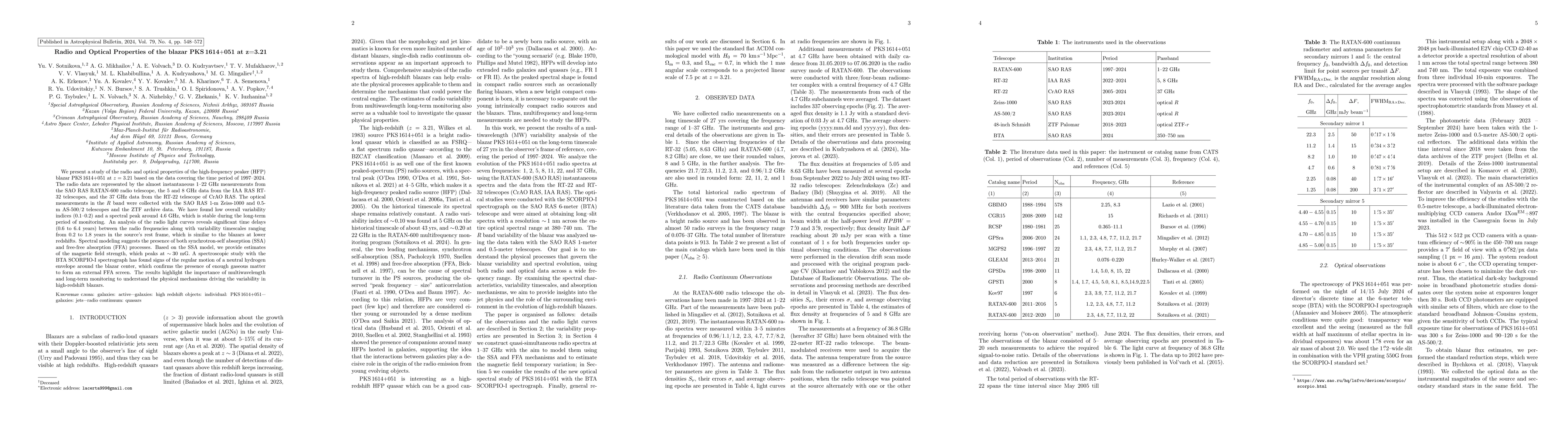 Thumbnail for Radio and Optical Properties of the blazar PKS 1614+051 at z=3.21