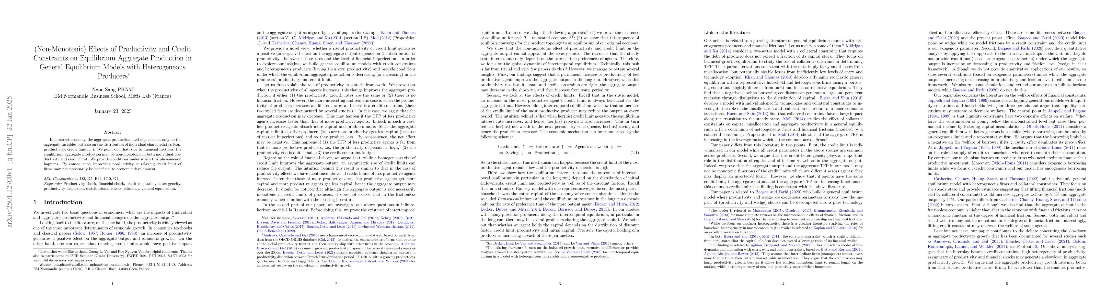 Thumbnail for (Non-Monotonic) Effects of Productivity and Credit Constraints on
  Equilibrium Aggregate Production in General Equilibrium Models with
  Heterogeneous Producers