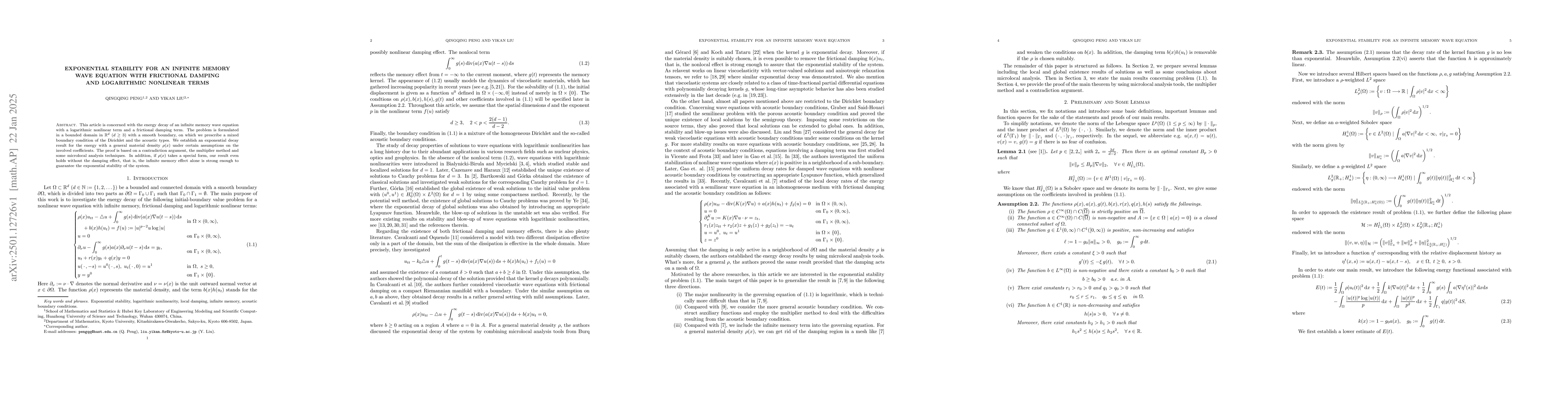 Thumbnail for Exponential stability for an infinite memory wave equation with
  frictional damping and logarithmic nonlinear terms