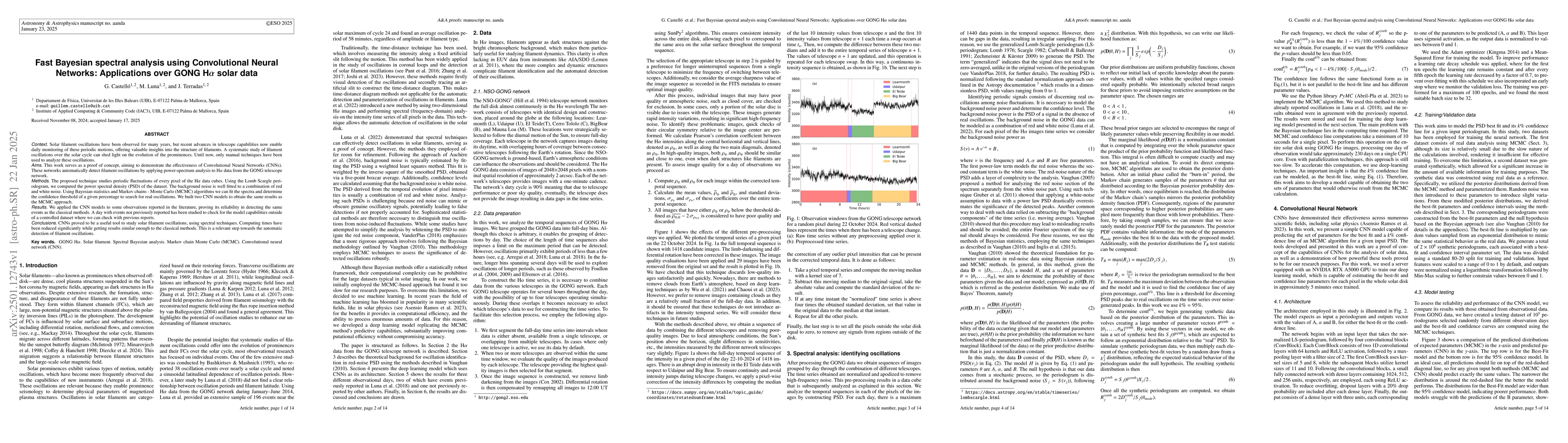 Thumbnail for Fast Bayesian spectral analysis using Convolutional Neural Networks:
  Applications over GONG H$α$ solar data