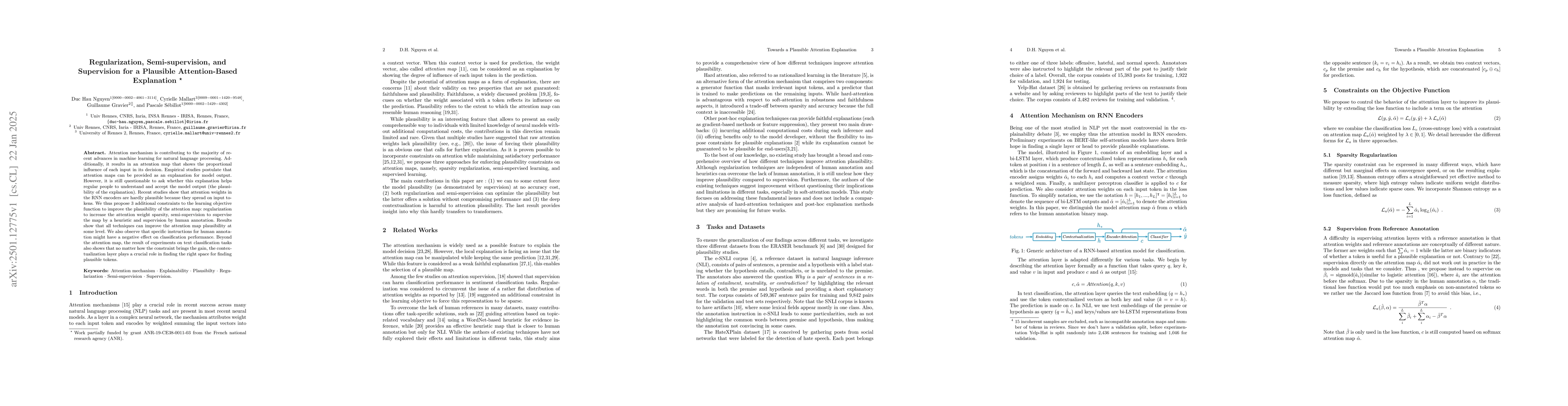 Thumbnail for Regularization, Semi-supervision, and Supervision for a Plausible
  Attention-Based Explanation