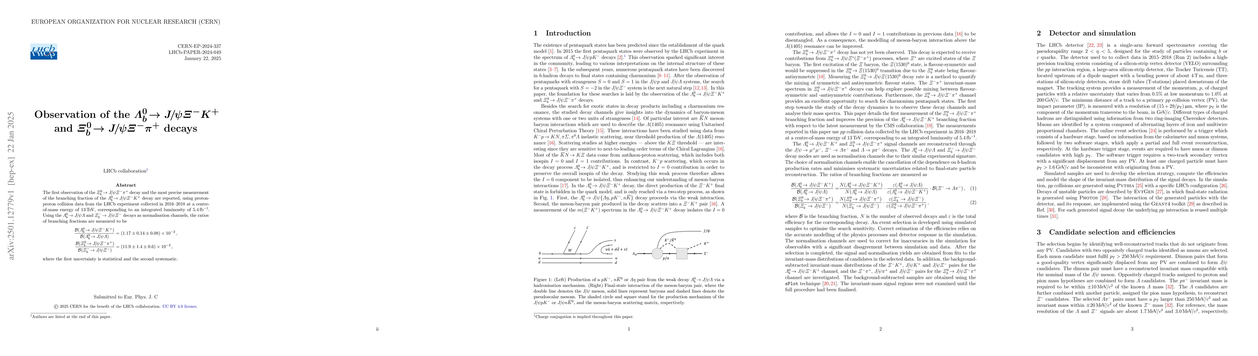 Thumbnail for Observation of the $Λ_b^0 \to J/ψΞ^- K^+$ and $Ξ_b^0 \to
  J/ψΞ^- π^+$ decays