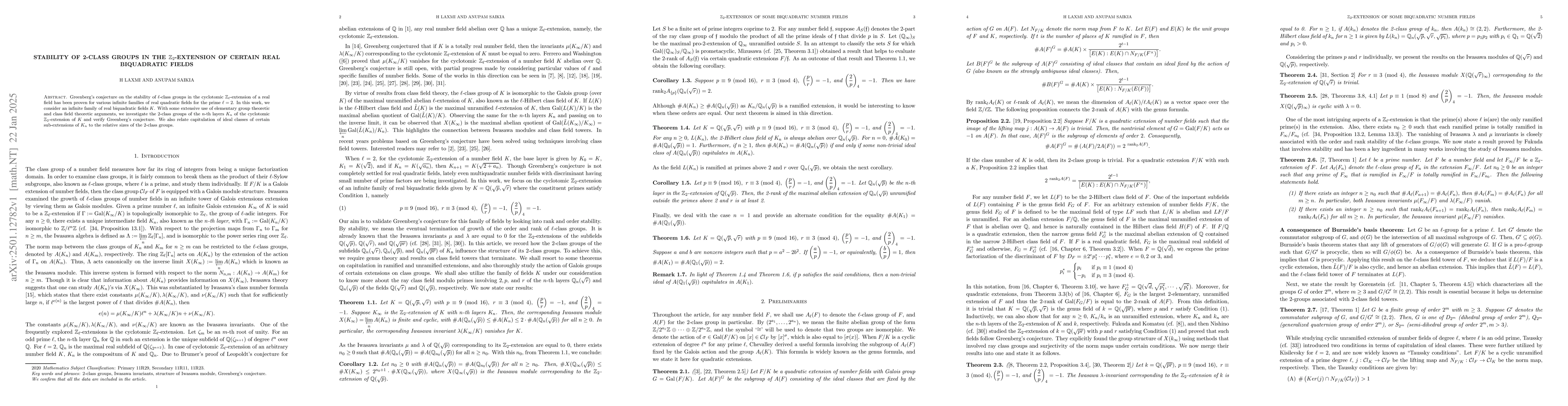 Thumbnail for Stability of 2-class groups in the $\mathbb{Z}_2$-extension of certain
  real biquadratic fields