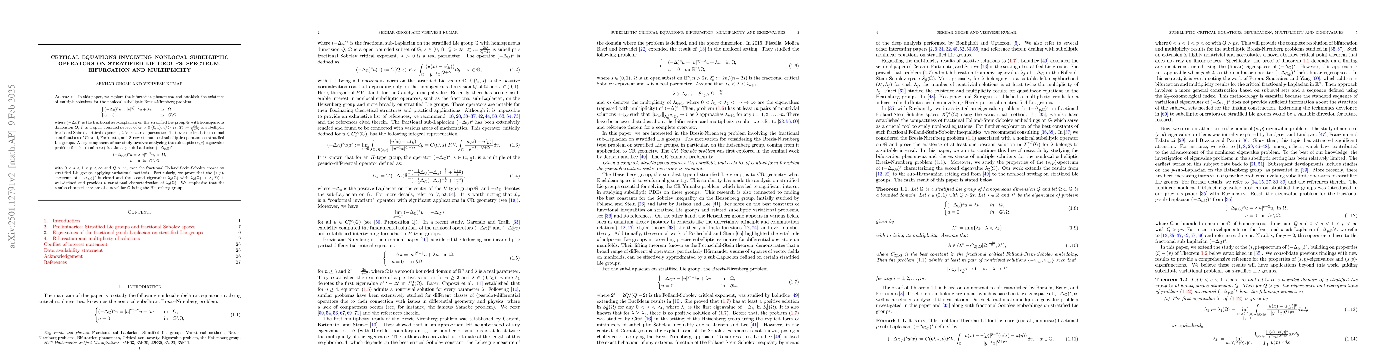 Thumbnail for Critical Equations Involving Nonlocal Subelliptic Operators on
  Stratified Lie Groups: Spectrum, Bifurcation and Multiplicity