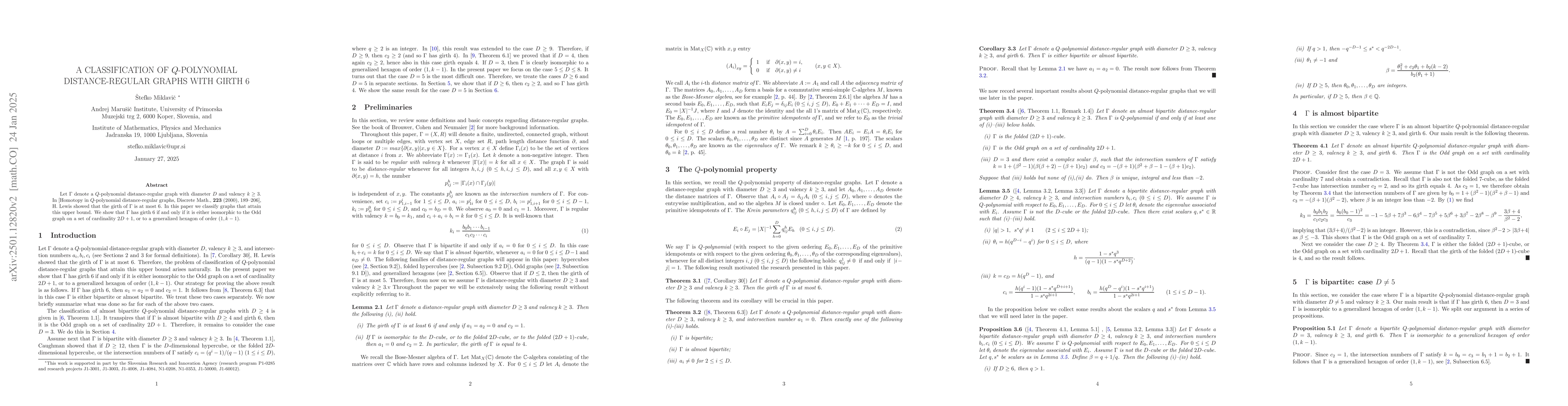 Thumbnail for A classification of $Q$-polynomial distance-regular graphs with girth
  $6$