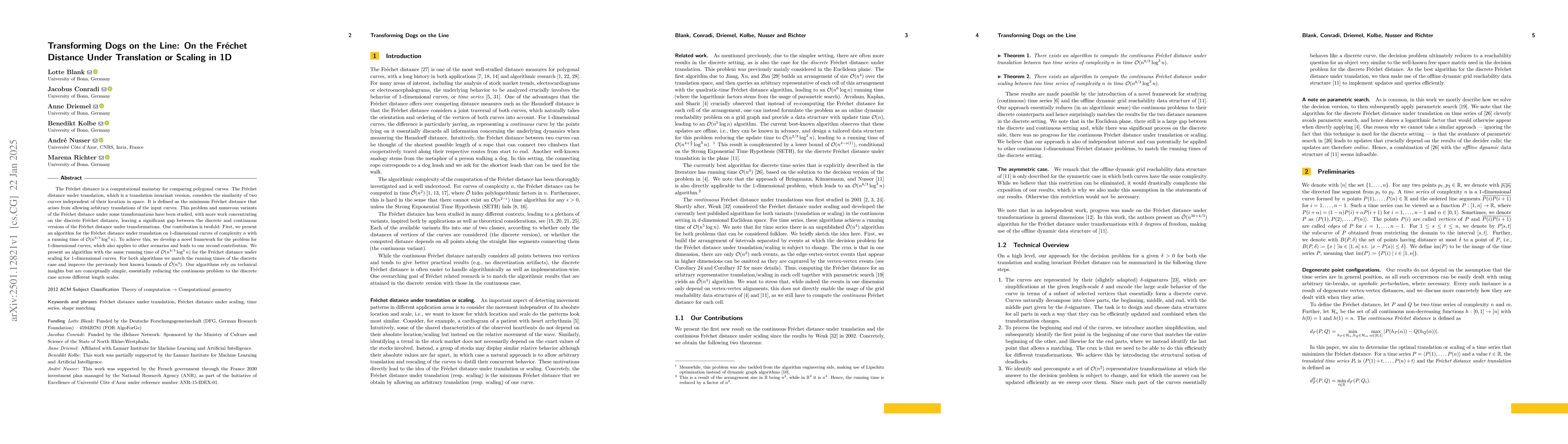 Thumbnail for Transforming Dogs on the Line: On the Fréchet Distance Under
  Translation or Scaling in 1D