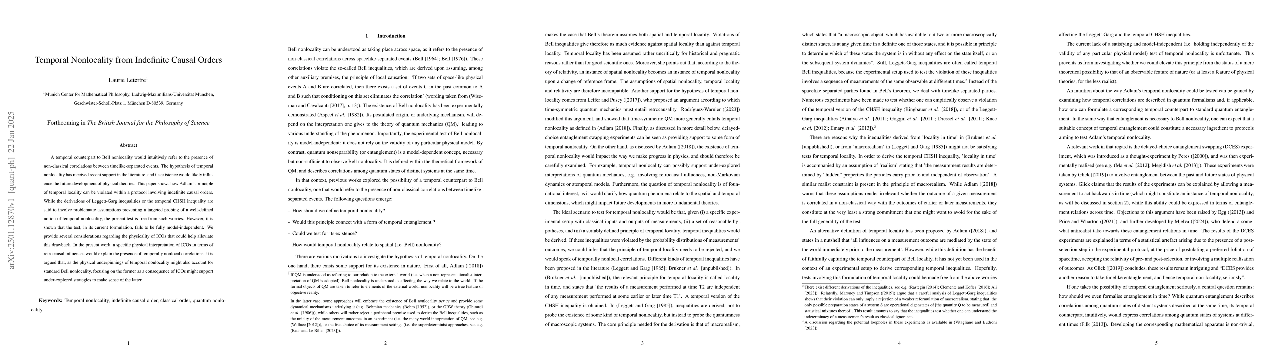 Thumbnail for Temporal nonlocality from indefinite causal orders