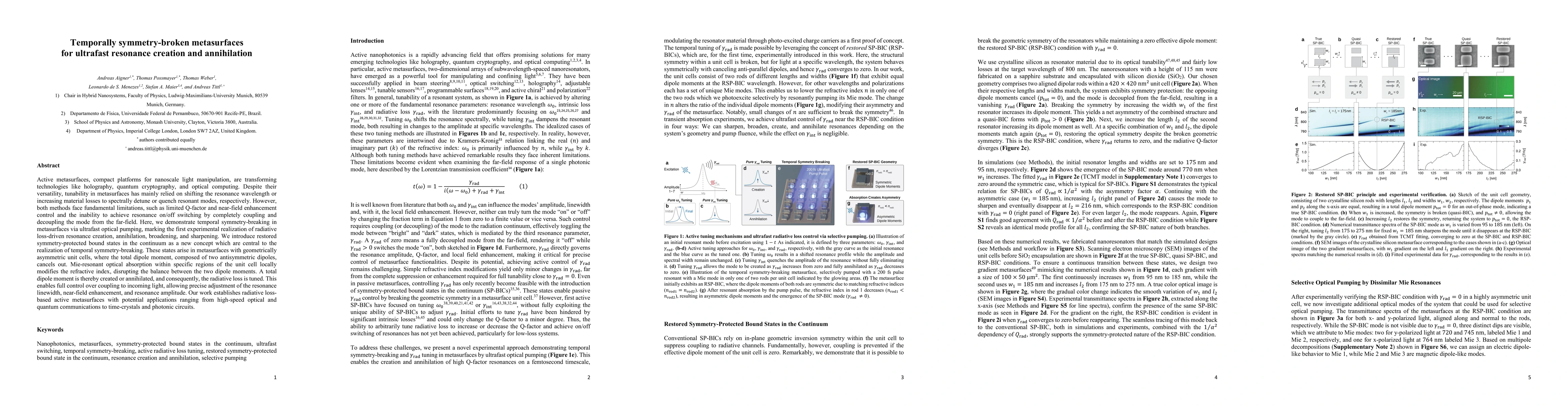 Thumbnail for Temporally symmetry-broken metasurfaces for ultrafast resonance creation
  and annihilation