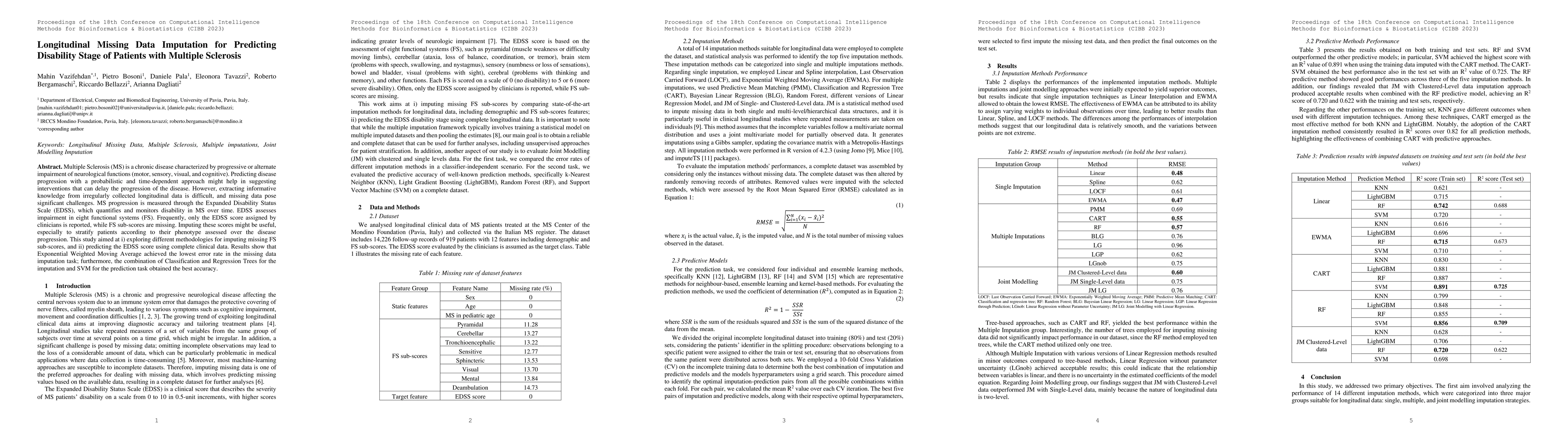 Thumbnail for Longitudinal Missing Data Imputation for Predicting Disability Stage of
  Patients with Multiple Sclerosis