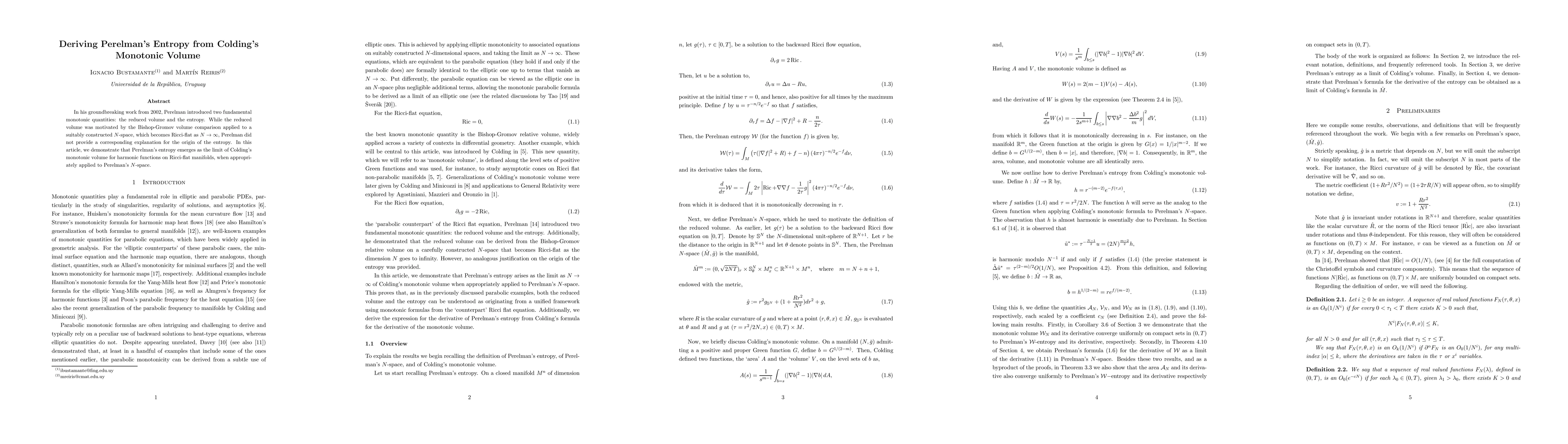 Thumbnail for Deriving Perelman's Entropy from Colding's Monotonic Volume
